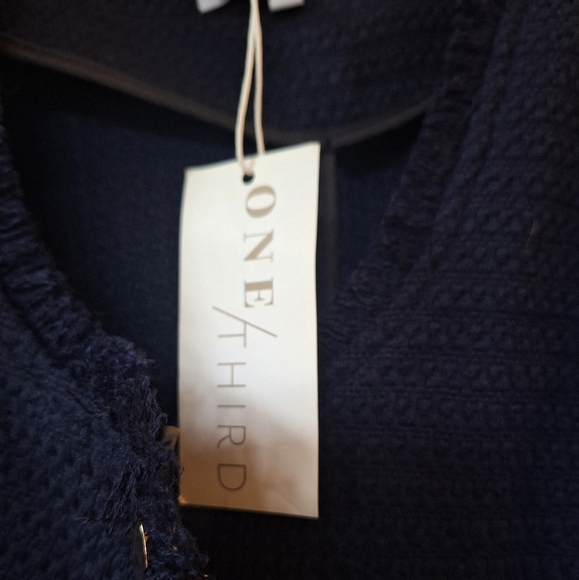 NWT One Third Navy Tweed Fringe Zip/Snap Collarless Jacket Womens size L - Picture 3 of 9